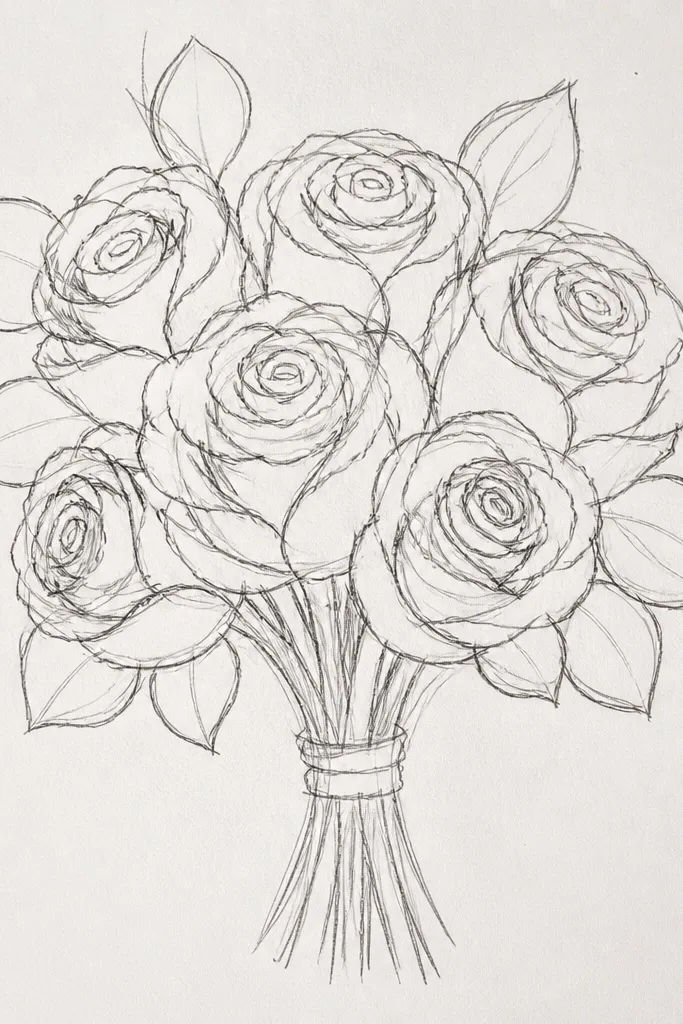 Single rose bouquet cluster with wavy petal outlines and thick outer contour