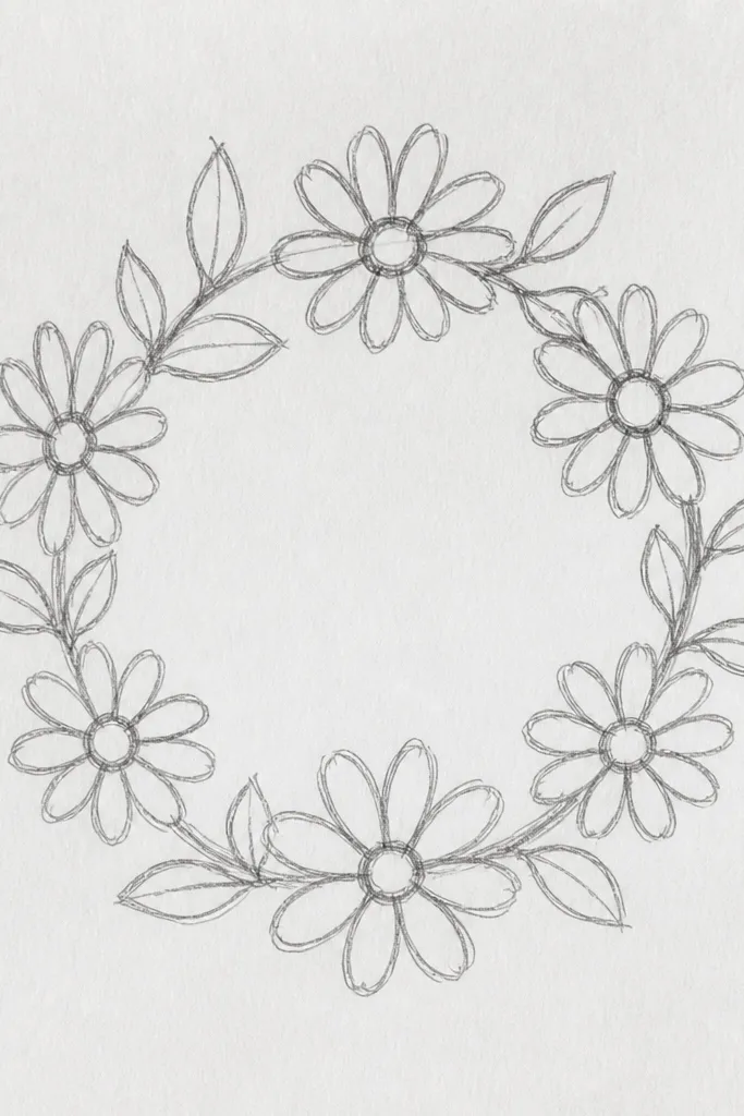Circular bouquet ring made of daisy heads with short center dots and clean petals