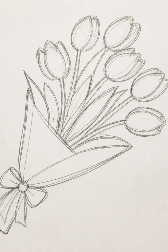 Tulips fanned outward with angled stems and thick outline around flower heads