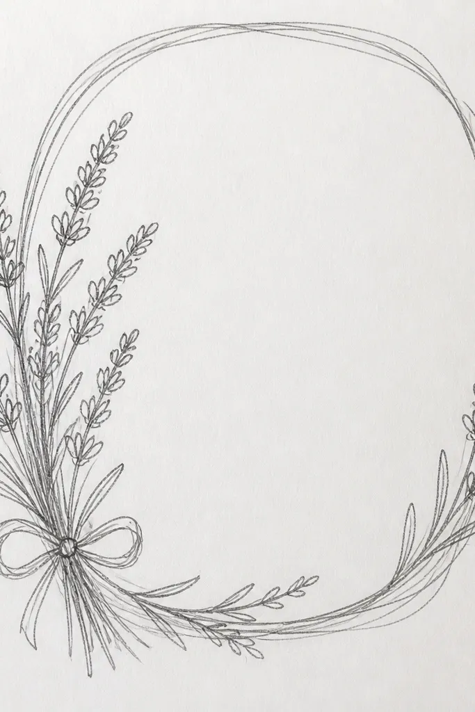 Lavender sprigs forming a curved frame with small bud dots along stems