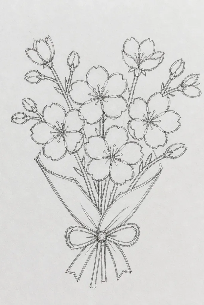 Cherry blossom mini bouquet with five-petal flowers and thin branching stems