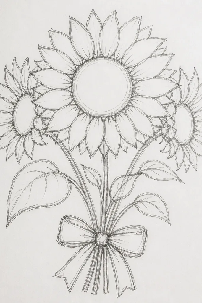 Sunflower bouquet with bold outer petals and a detailed circular seed head