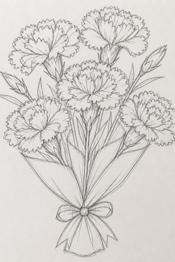 Carnation bouquet with ruffled petal edges and thick outer flower outline