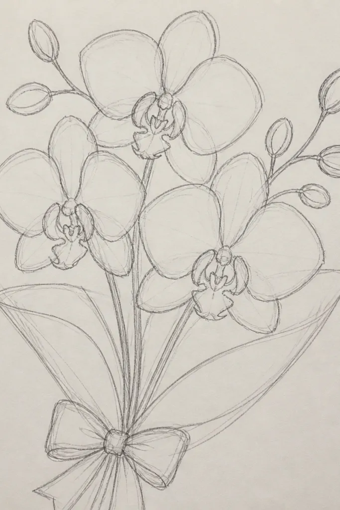 Single orchid bouquet with curved center lip and symmetrical petal outlines