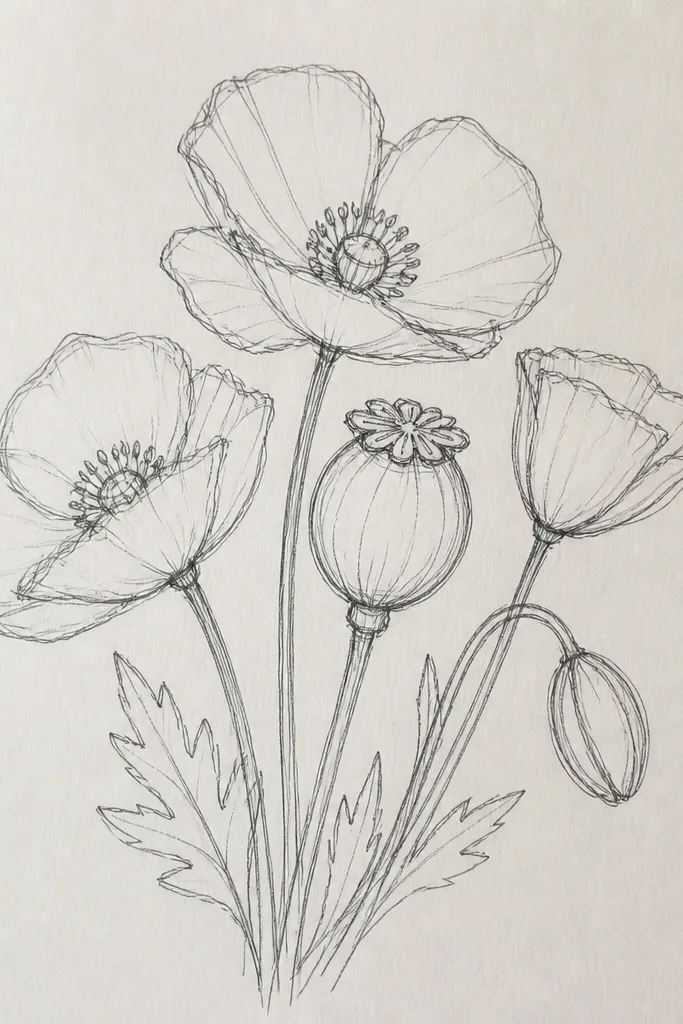 Poppy bouquet with seed pod outline and petals radiating outward