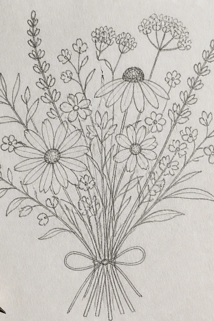 Wildflower bouquet with mixed small blooms and simple stems in a bouquet oval