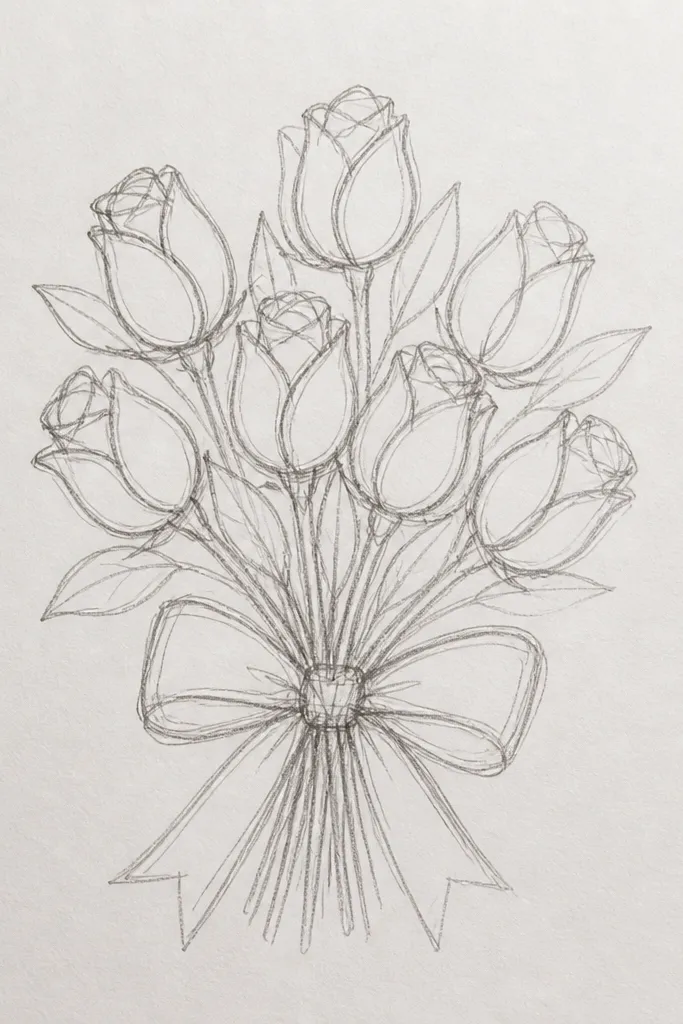 Rosebuds with a ribbon knot and looping ribbon tails around the bouquet