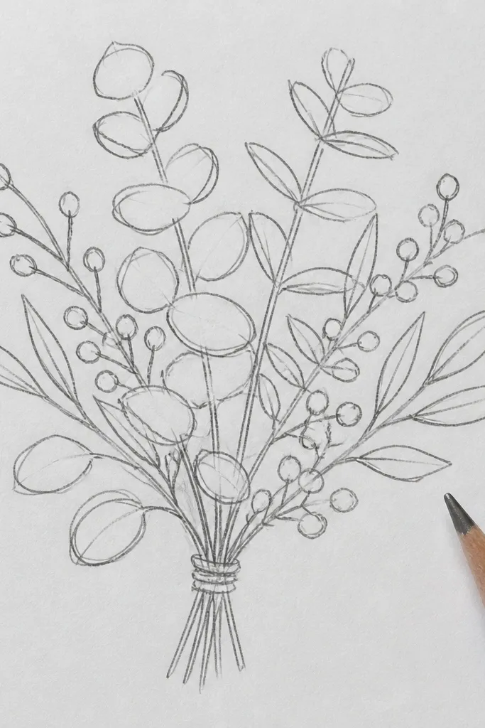 Winter bouquet with eucalyptus leaves and berry clusters in a clean outline