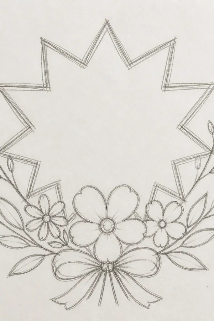 Bouquet flowers arranged inside a starburst outline with clean spokes