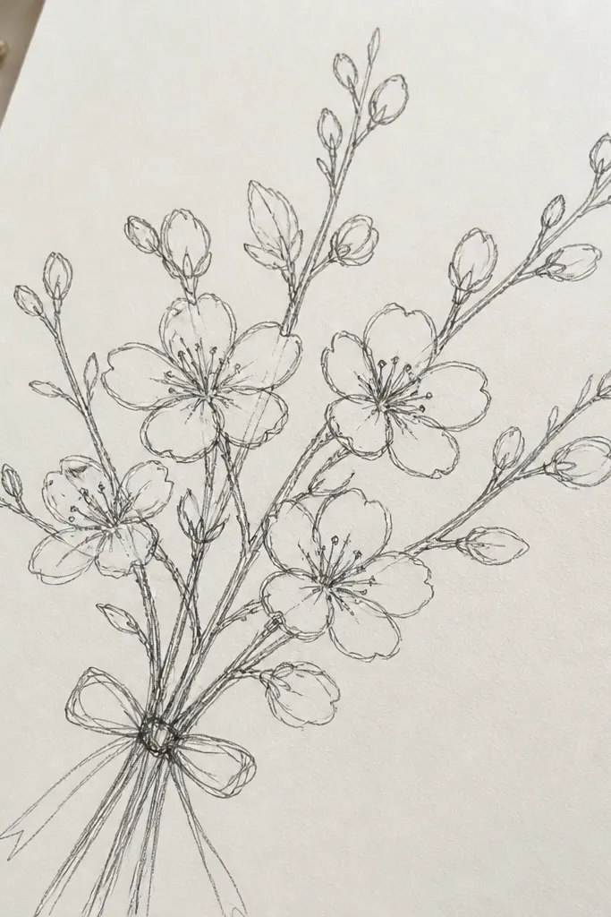 Peach blossom branch bouquet with small five-petal blooms and thin branch lines