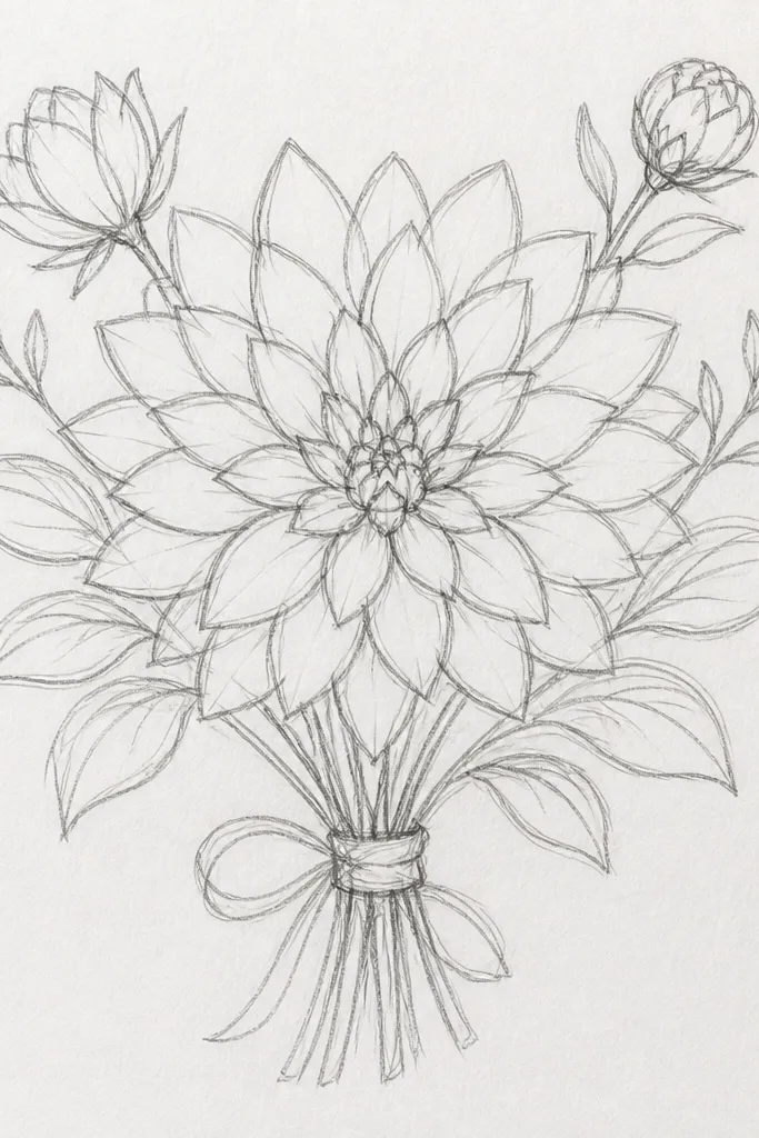 Dahlia bouquet flower with geometric petal segments and concentric rings