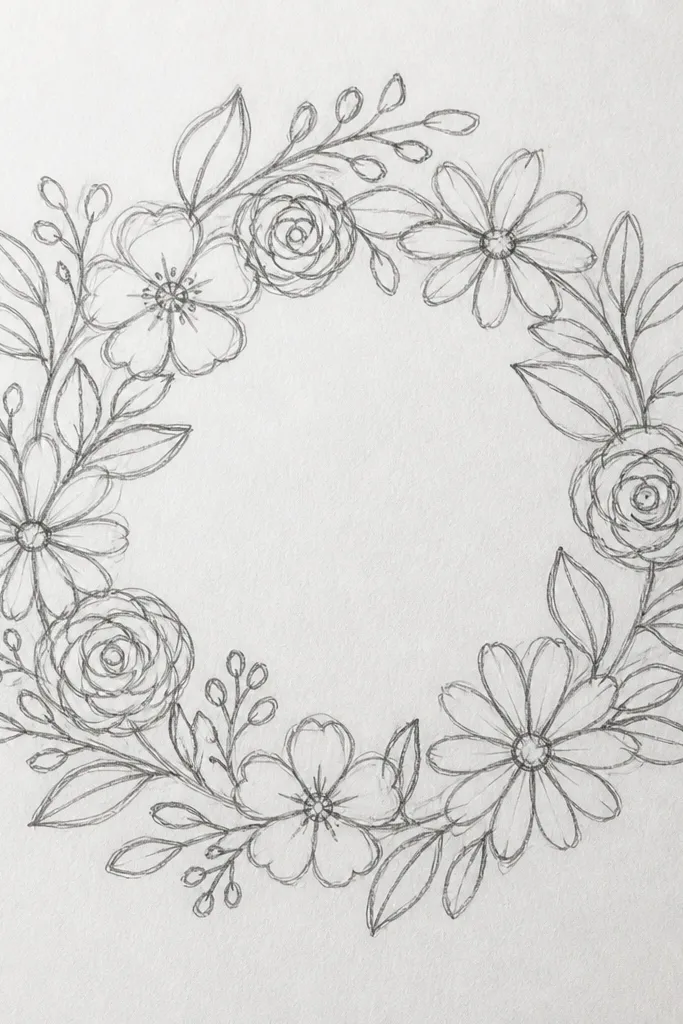 Flower wreath outline with mixed blooms and thin stems forming a clean circle