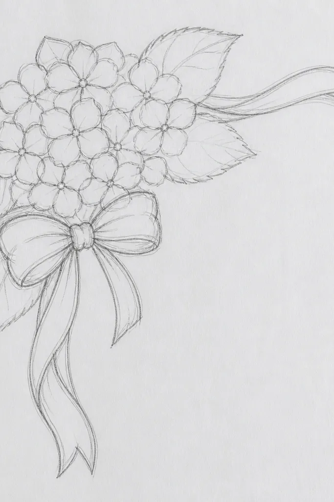 Hydrangea bouquet drawn as a corner piece with a ribbon bow at the edge