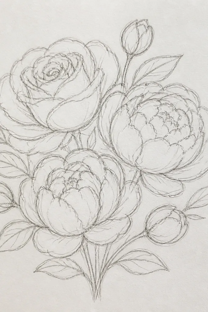 Mixed rose and peony cluster with bold outer outline and layered arcs