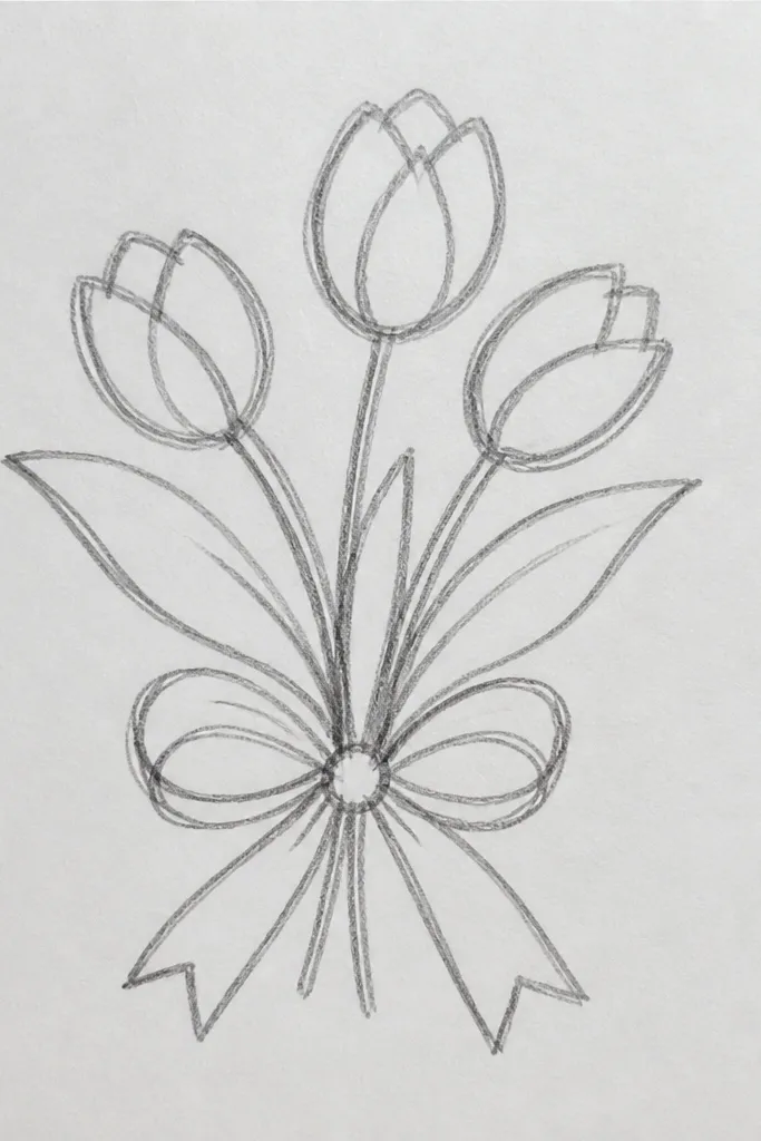 Ribbon loop bouquet with three bud flowers and clean looping ribbon lines