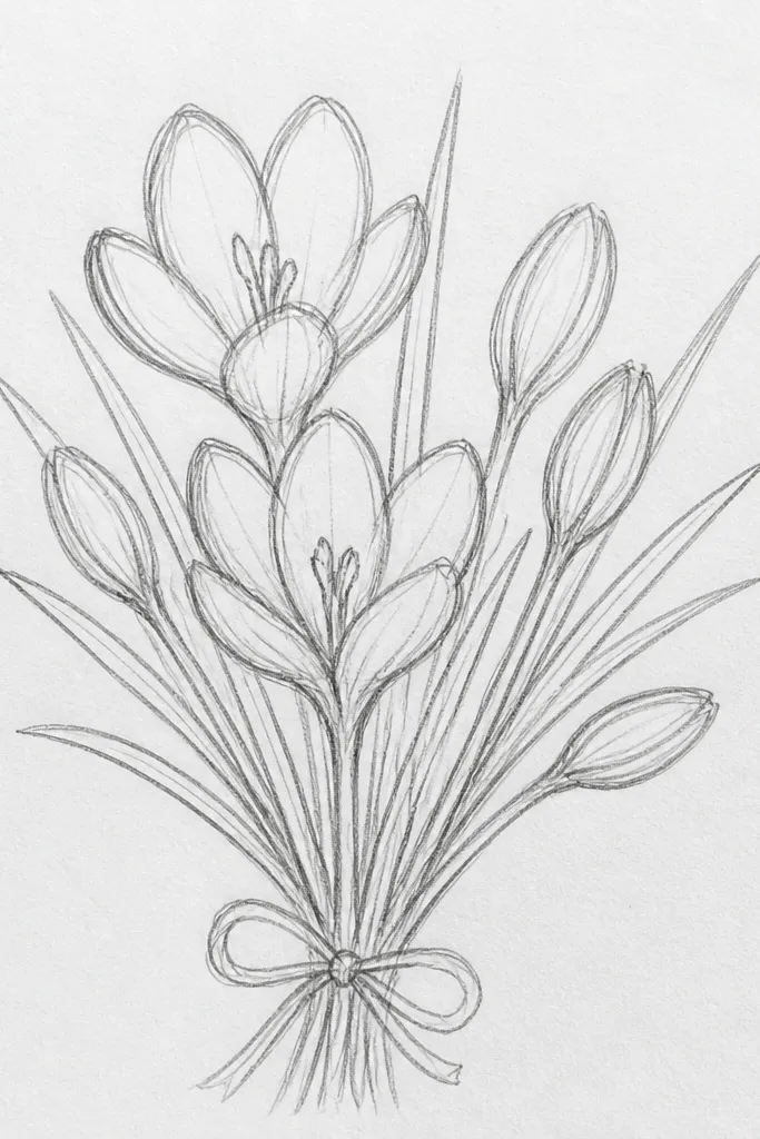 Crocus bouquet with elongated petals and small bud clusters