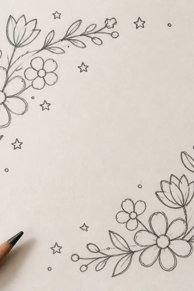 Bouquet border with small flower heads and tiny star doodles around it