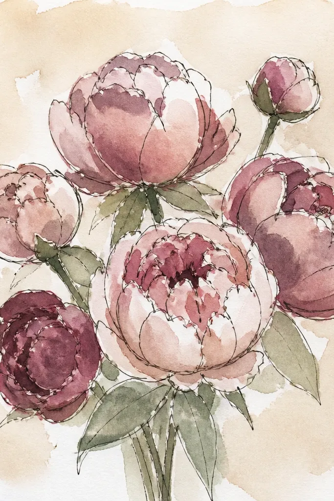 Dusky pink peonies with soft green leaves on a warm beige watercolor wash