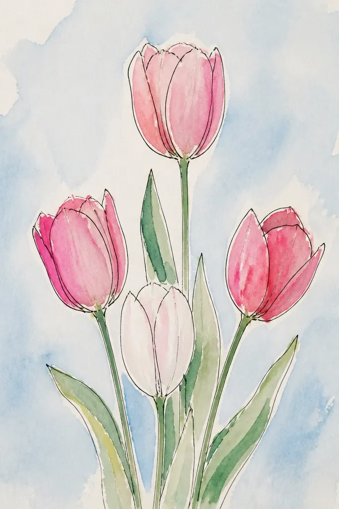 Tall tulips in pink and coral with long stems over a light sky-blue watercolor mist