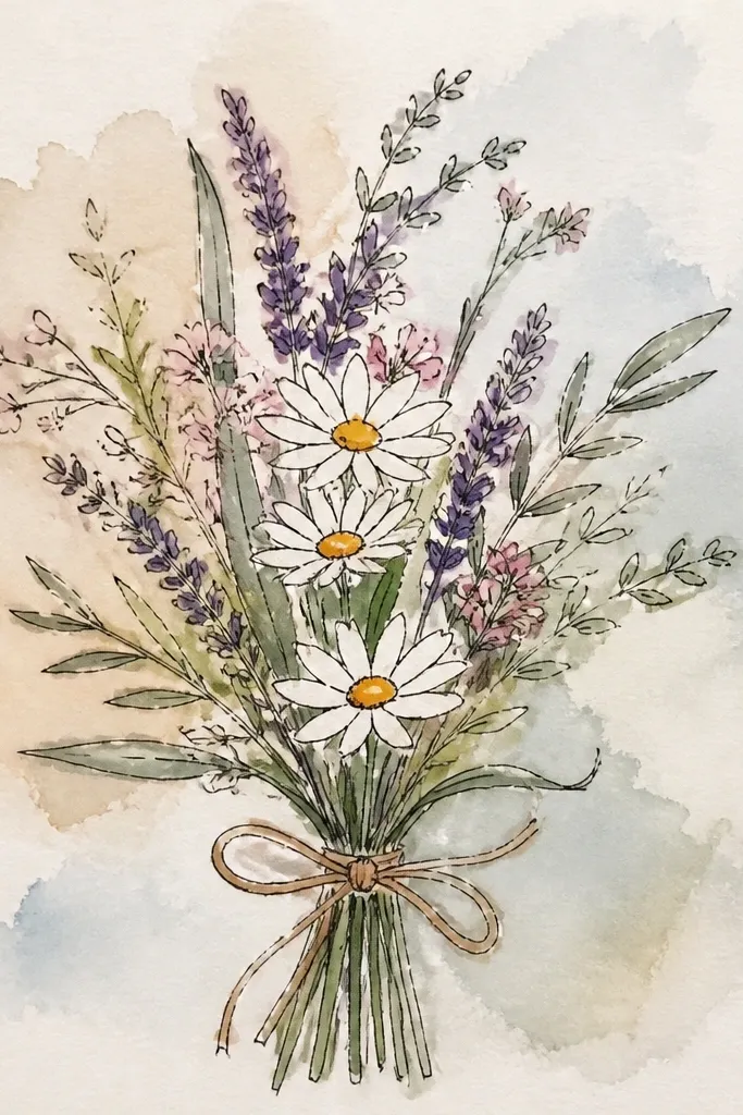 Loose wildflowers in yellow and pink tied with sage sprigs on an off-white wash