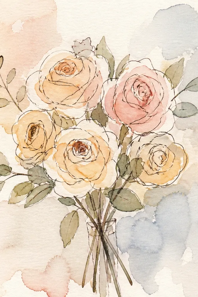 Cream roses in soft blush tones with blurred edges on a pale gray watercolor background