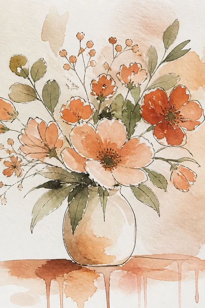 Peach and terracotta flowers with subtle watercolor drips on a pale warm background