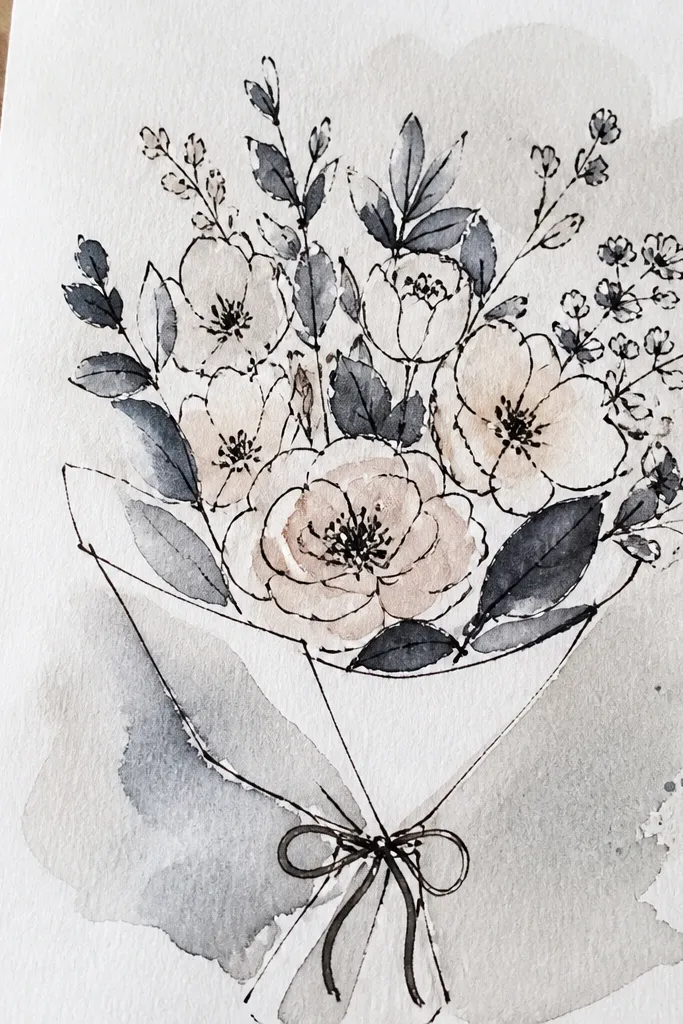 Black ink line bouquet with tiny watercolor tint in blush and sage