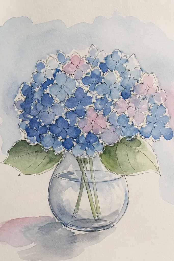 Blue hydrangea dome with soft pink highlights and pale mint leaves