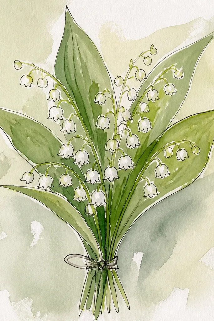 White lily-of-the-valley bells with tiny buds on a dewy green wash background