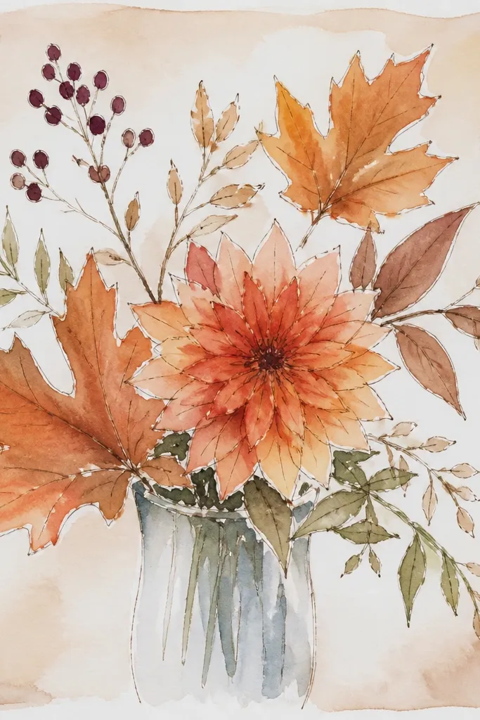 Dahlia blooms in rust and warm pink with a soft sepia wash and minimal leaf strokes