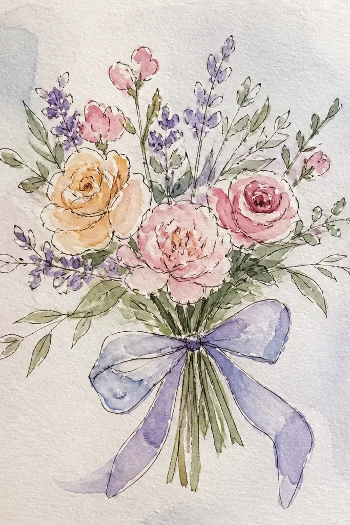 Pastel pastel blooms tied with a pale ribbon on mostly white watercolor paper