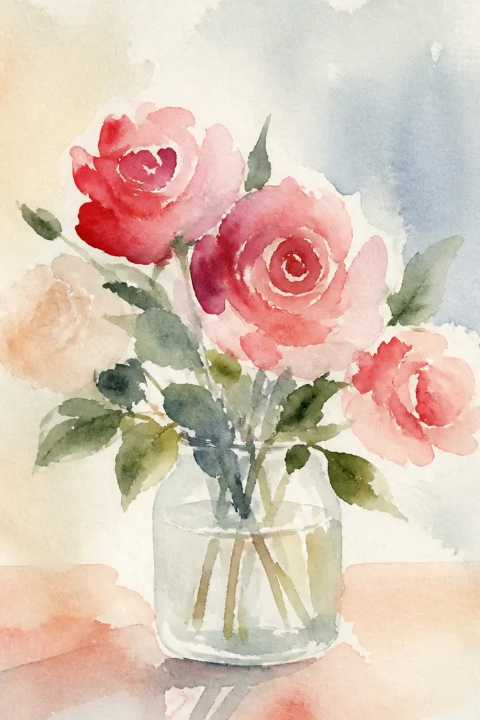 Roses in a simple glass vase outline with watercolor washes in blush and green