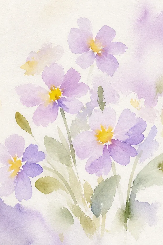 Lilac and soft purple flowers with lemon yellow centers on a pale lavender wash