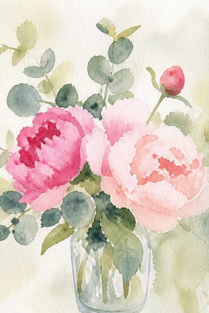 Soft pink peonies with eucalyptus-like green leaves on a light green underpainting