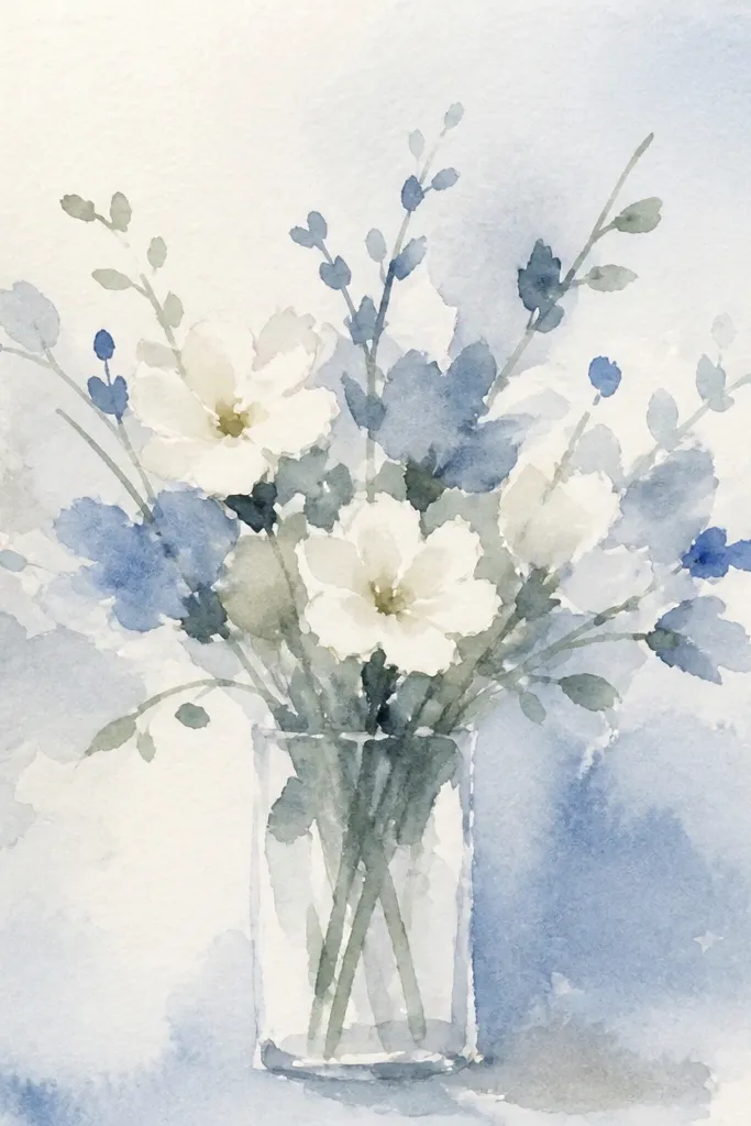 White blooms with pale blue shadows on a cool snow-like watercolor wash