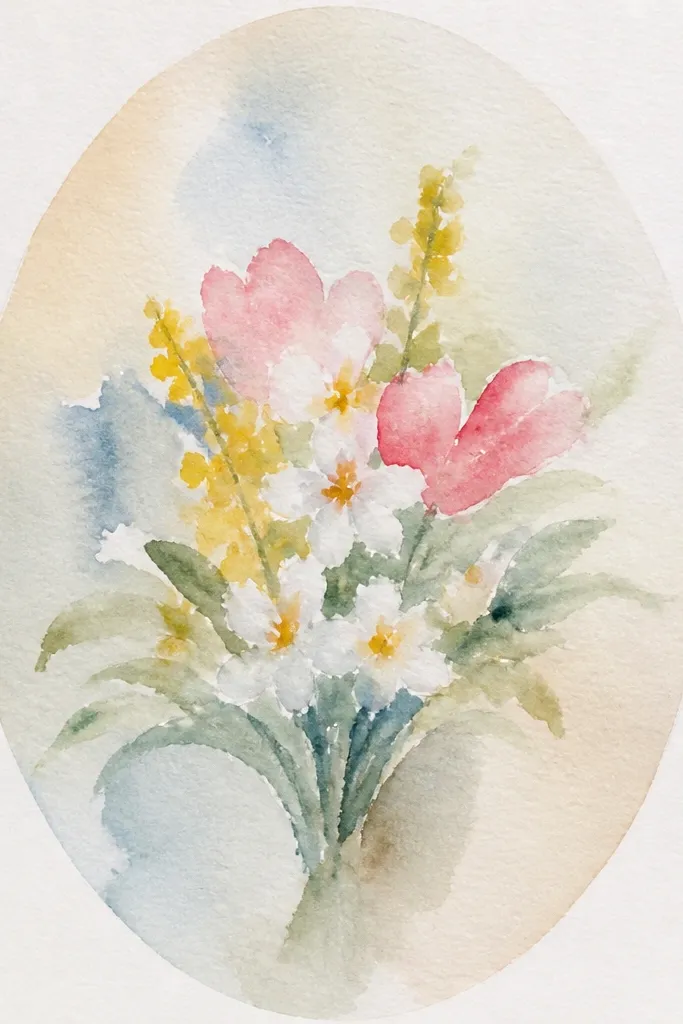 Pastel spring flowers inside an oval watercolor wash on a clean white background