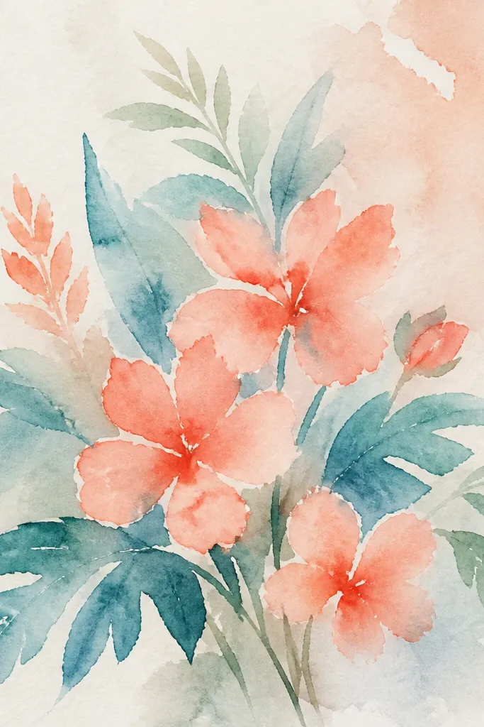 Coral coral flowers with teal leaves on a pale warm background wash