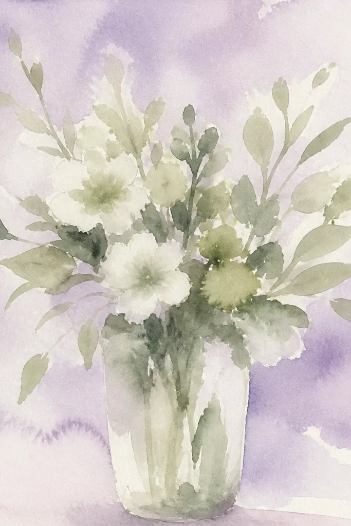 Sage green blossoms with soft lavender background wash and minimal highlights