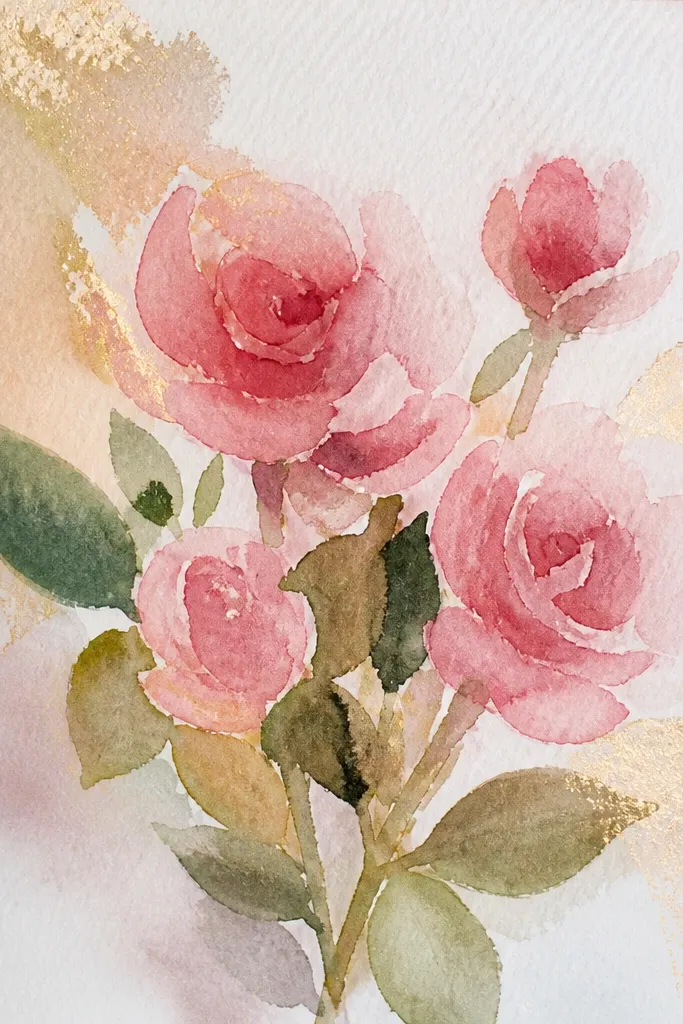 Blush roses with pale gold-like shimmer only on select edges over a light neutral wash