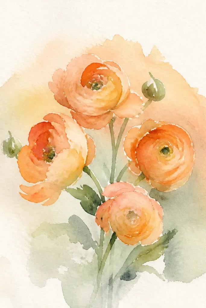 Peach ranunculus flowers with a gentle halo-blended background wash