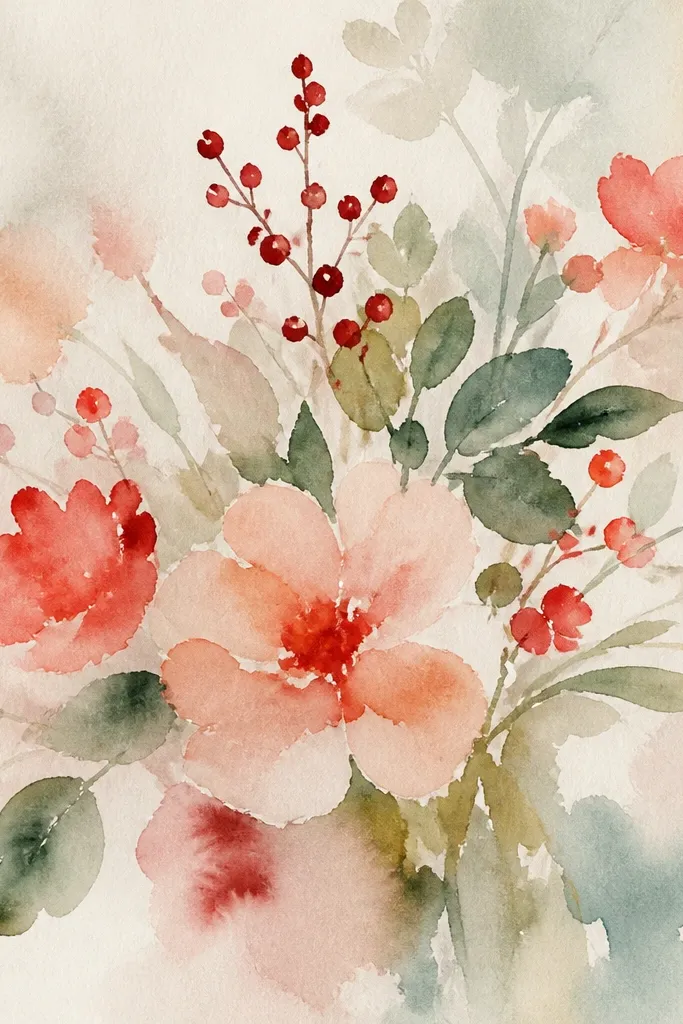 Dusty green leaves with small red berry sprigs and pale pink blossoms on a light wash