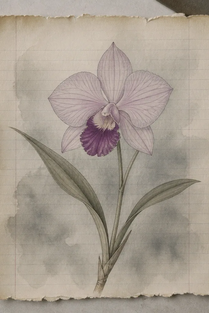 A hand-drawn orchid with pale lavender petals and a darker plum lip sits on a page torn from an old ledger. Behind the flower is a soft gray wash like fog, with faint horizontal ledger lines showing through.