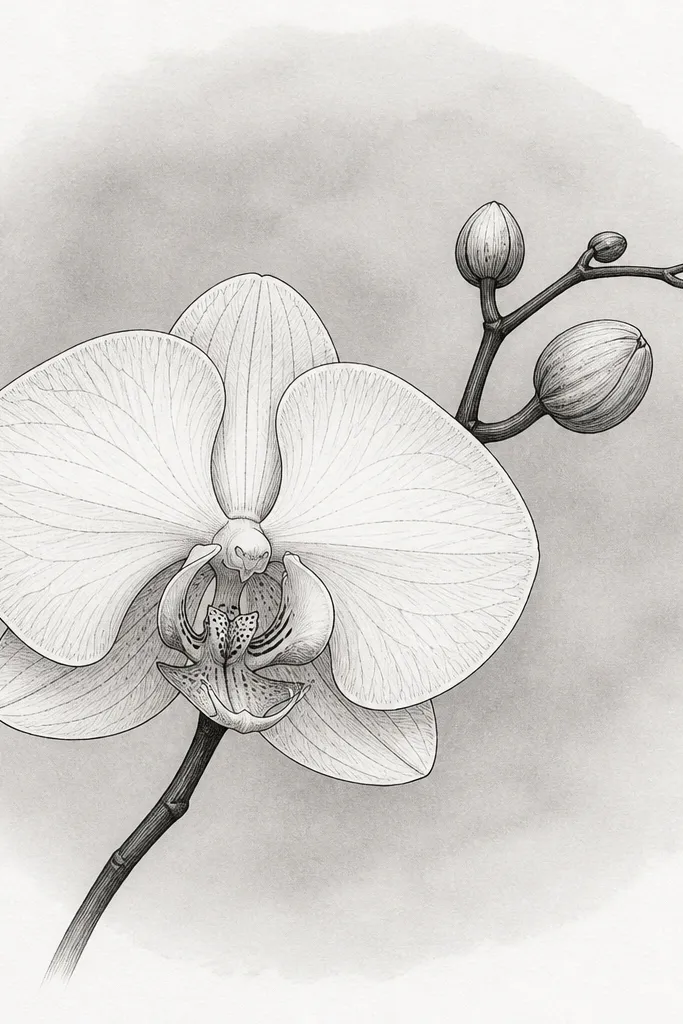 A black-and-gray orchid drawing with clean fineliner lines. A soft circular halo of diluted gray ink surrounds the bloom, fading outward into the paper.