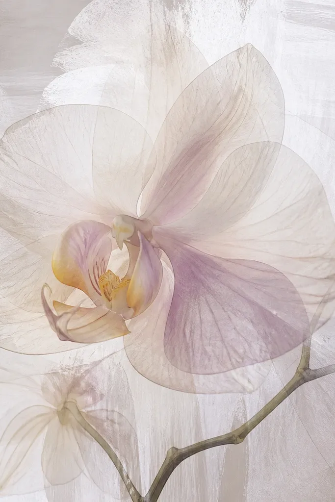 A soft orchid drawing where the petals look translucent like vellum. White gouache is layered in streaks behind the petals, with faint linework visible through the milky haze.