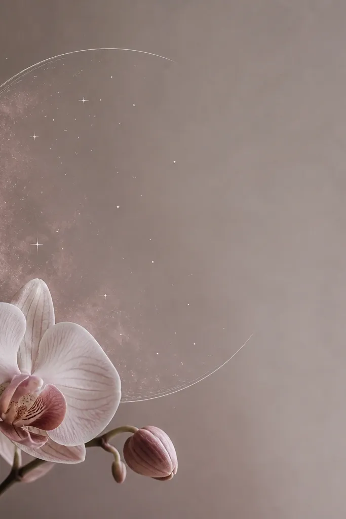 An orchid in the lower-left corner with a crescent moon outline behind it. The moon area has a gray-pink haze and faint star specks drawn with white gel pen.