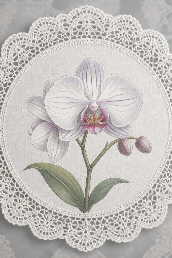 A central orchid drawing surrounded by a white doily edge. The background has a translucent gray haze that matches the doily's lace pattern.
