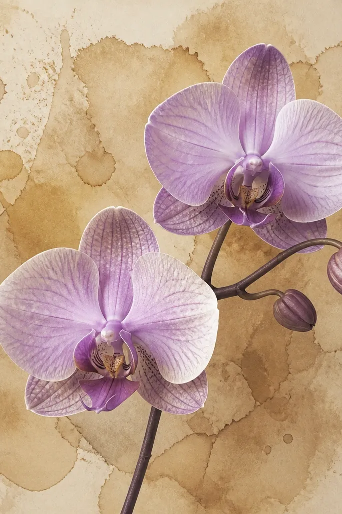 A sepia tea-stained background with a lavender orchid drawn on top. The tea stains form soft blooms behind the petals, and the orchid has bright white highlights.