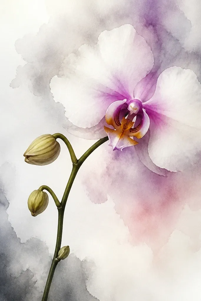 A watercolor orchid where the petal edges blur into gray mist. The stem is drawn cleanly, while the background blooms outward in soft gradients.
