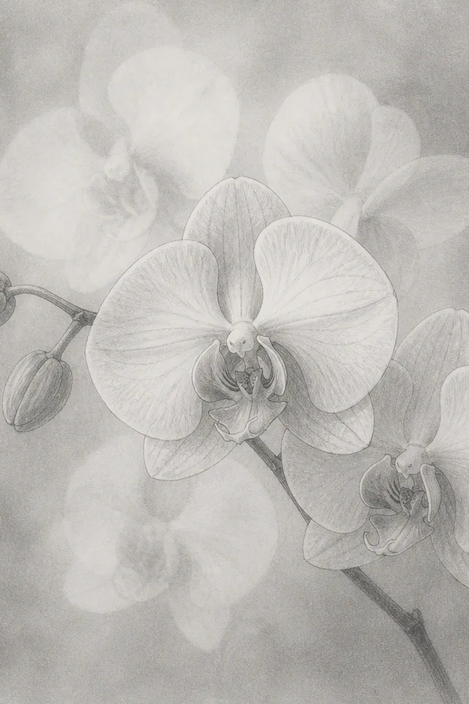 A graphite orchid with faint outlines. The background has a smudged gray haze, and a kneaded eraser has lifted pale shapes behind the petals like ghost blooms.