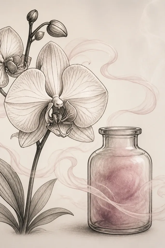 An orchid drawing next to a small jar outline. The jar has a gray-pink cloudy fill, and faint ghostly mist swirls curl around the petals.